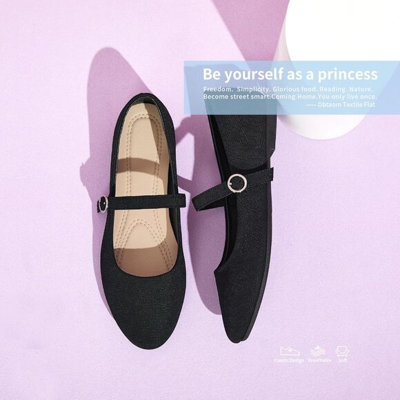 Obtaom Women Black Polyester Round Toe Comfortable Classic Strap Ballet Flat - Picture 5 of 7